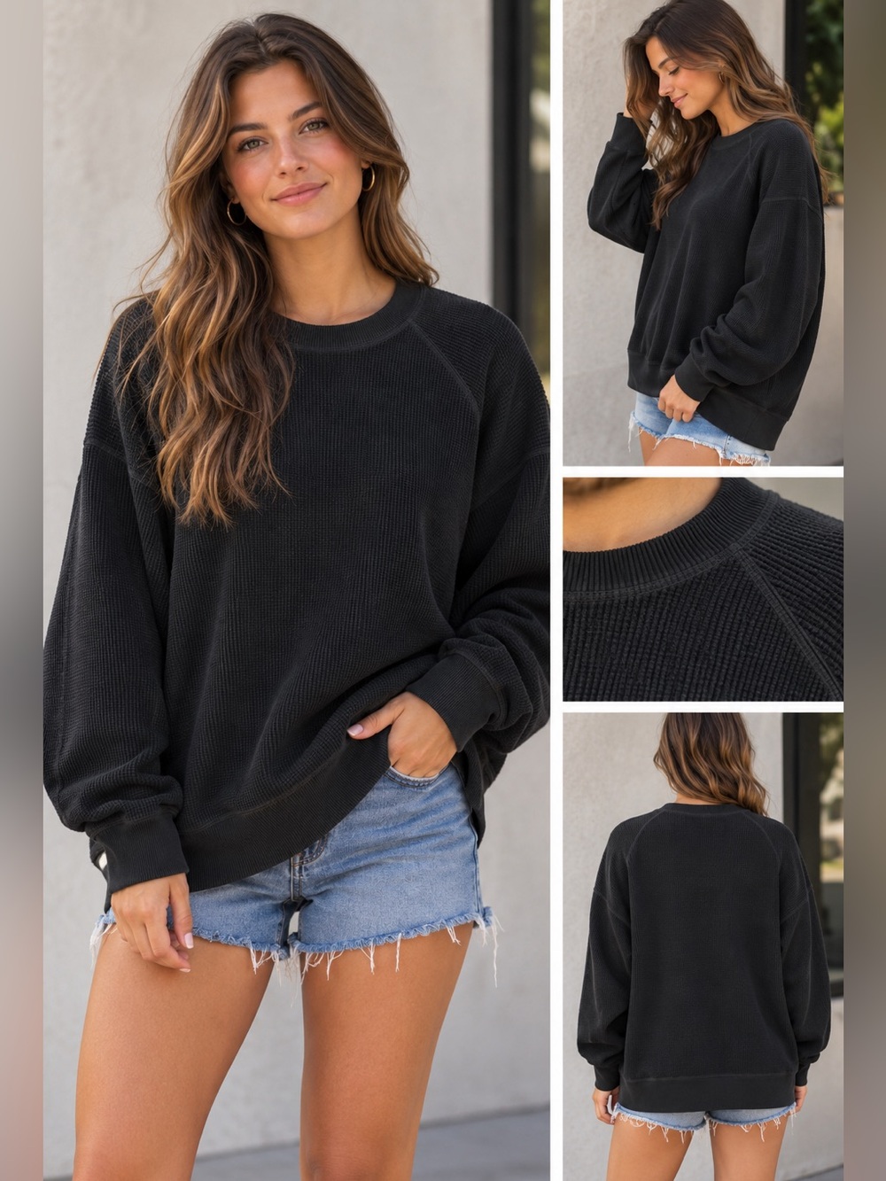 aerie Black Ribbed Knit Crew Sweatshirt
